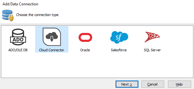 Selecting the Cloud Connector from the list of data connection types.